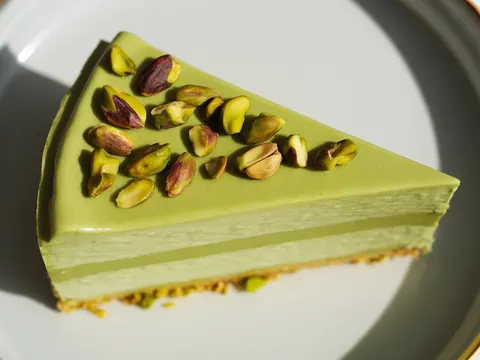 Illustration of matcha pistachio cheesecake